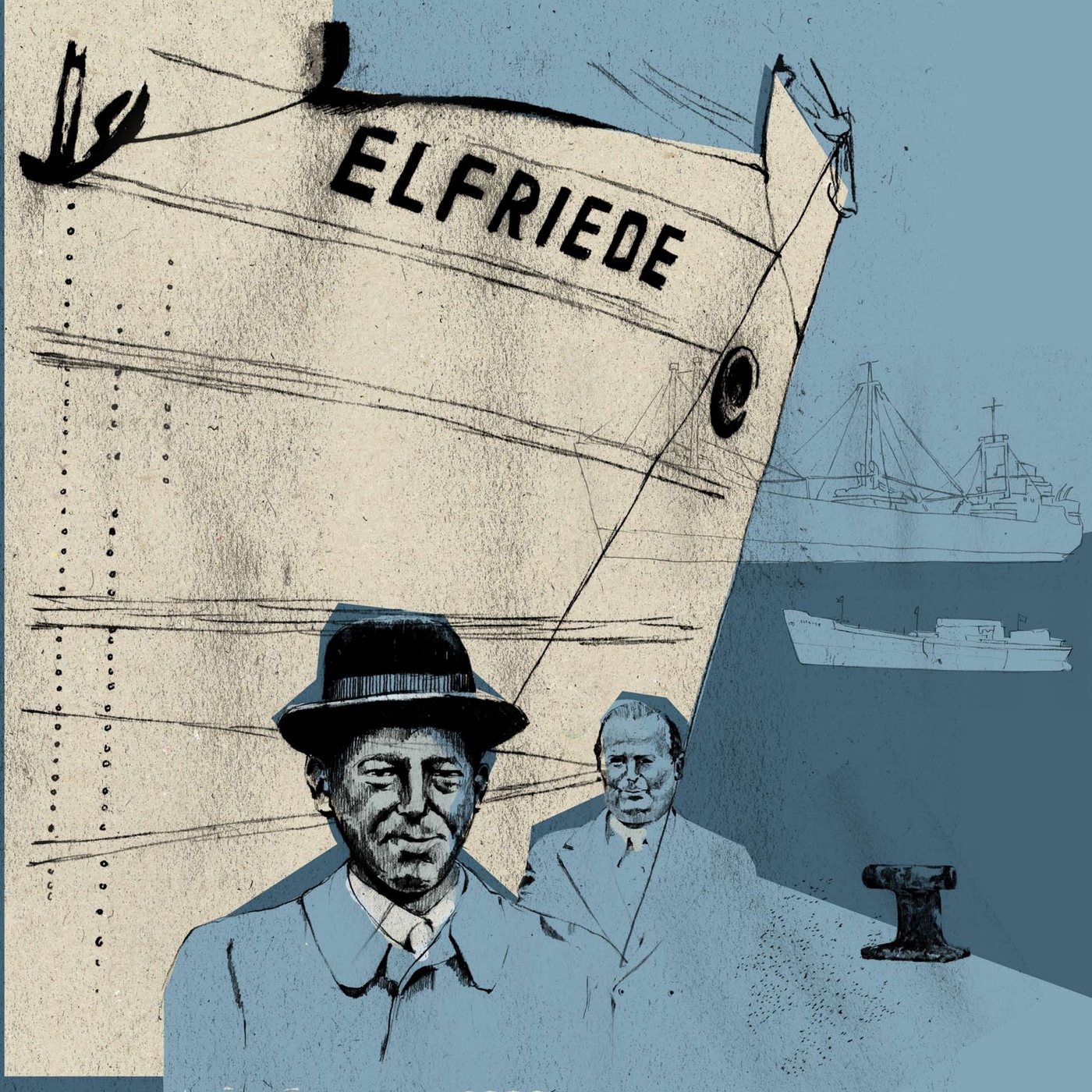 Titelillustration: das Frachtschiff ELFRIEDE mit Fritz Patzlaff im Vordergrund
